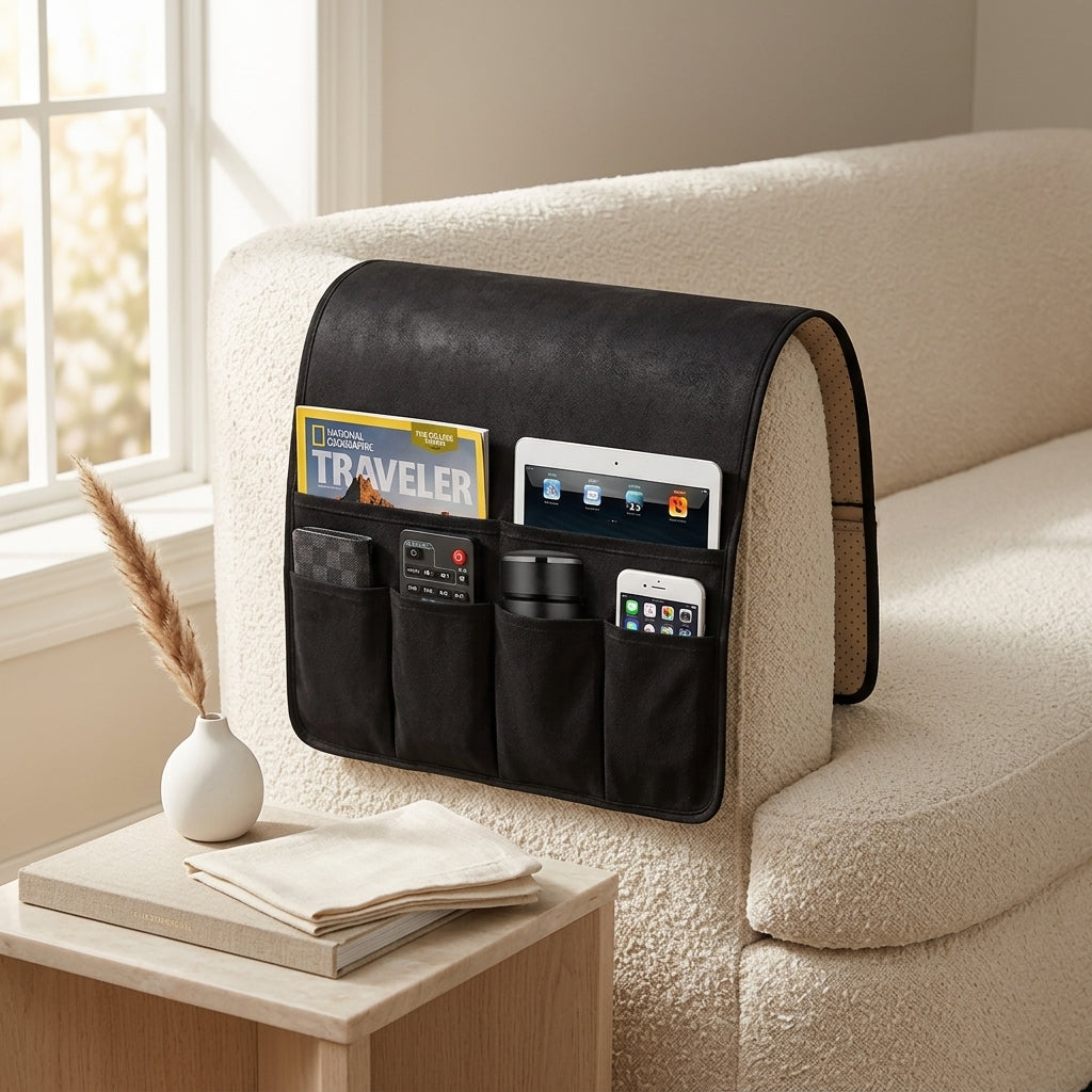 Anti-Slip Faux Leather Sofa Armrest Organizer, 6 Pockets, Black