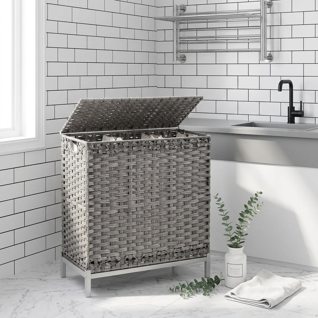 Wicker Laundry Hamper with Lid, 3 Liners, Raised Feet, 132L, Gray
