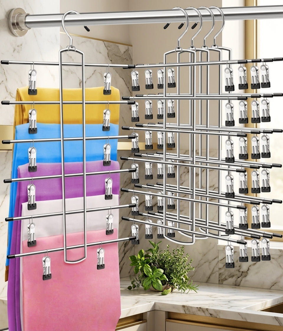 6-Tier Foldable Stainless Steel Pants Hangers with Clips, 4 Pack