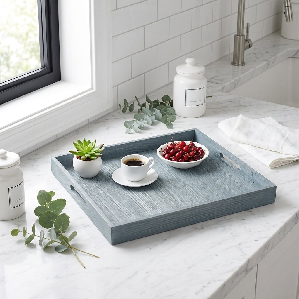 Reclaimed Wood Ottoman Tray with Felt Pad, 18 x 18 in, Slate Blue