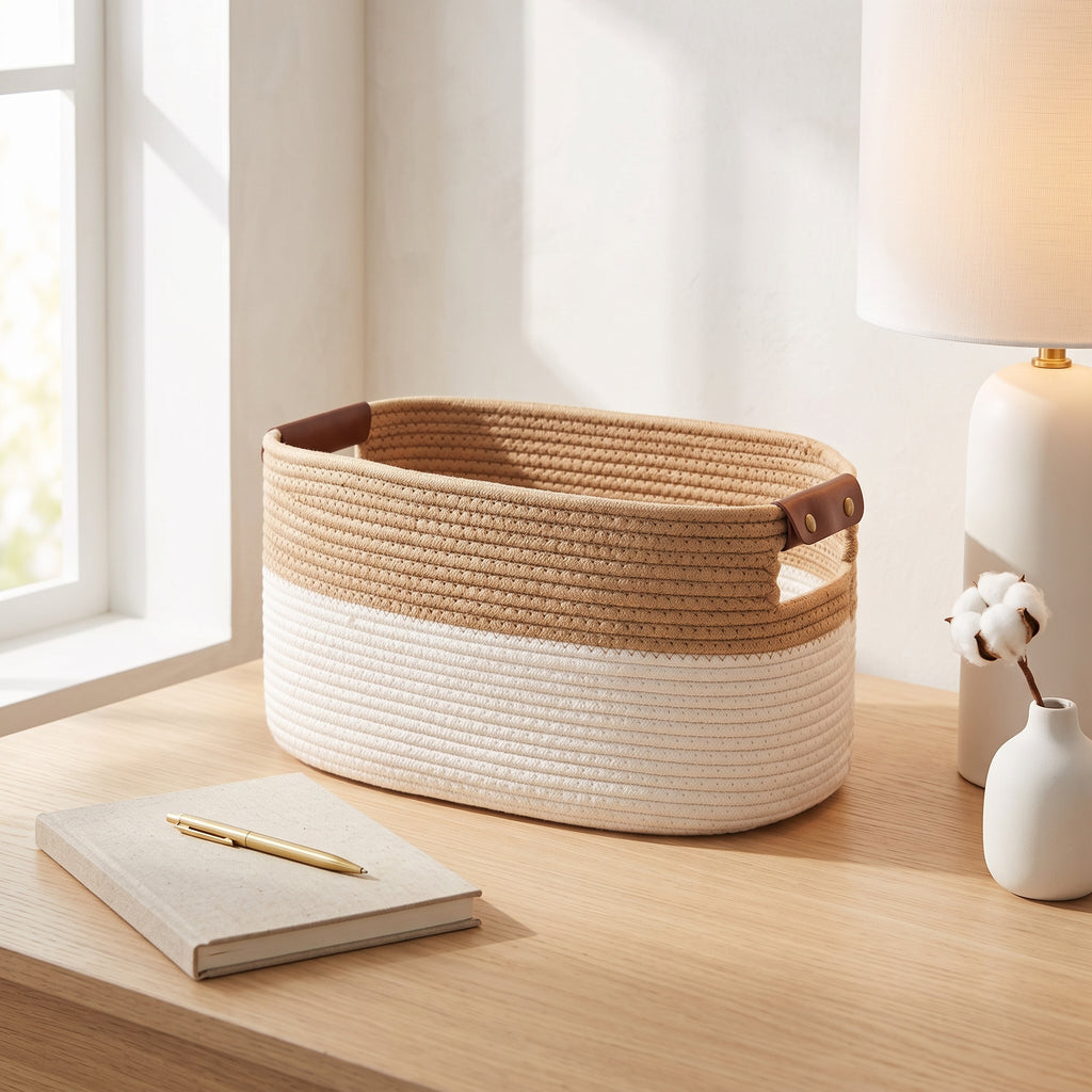 Collapsible Cotton Rope Storage Basket, 15 x 10 x 9 in, Beige
