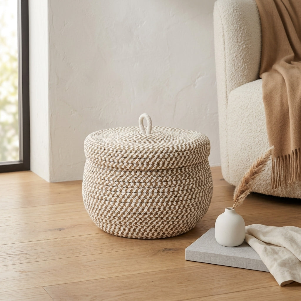 Round Cotton Rope Storage Basket with Handled Lid, 8.3 x 6.7 in