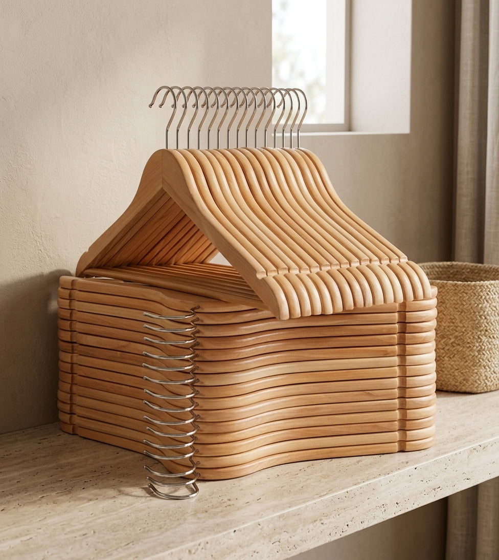 Solid Lotus Wood Hangers with Notches and Pant Bar, 30 Pack