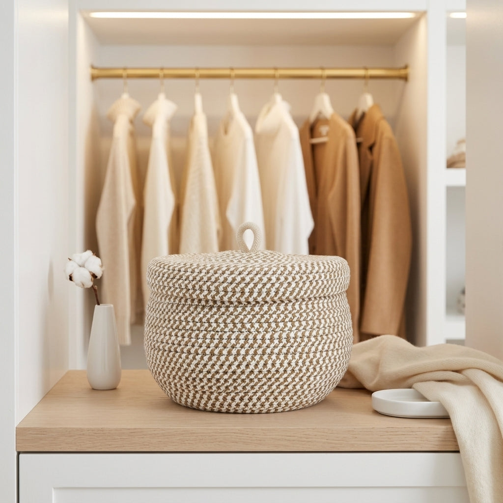 Small Round Cotton Rope Basket with Lid, 8.3 x 6.7 in