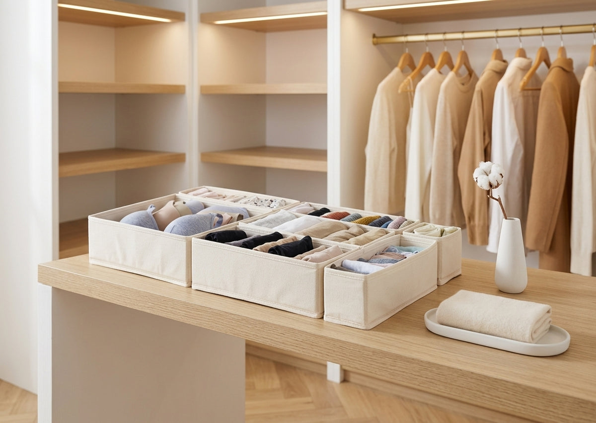 Cotton Linen Drawer Organizer with Compartments, 5 Sizes