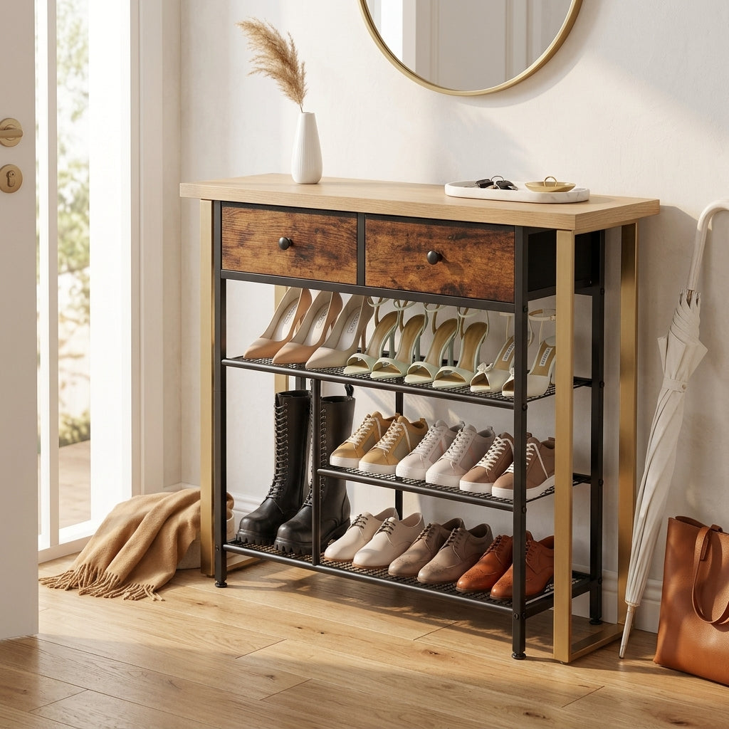 4-Tier Metal Shoe Rack with 2 Fabric Drawers and Wood Top