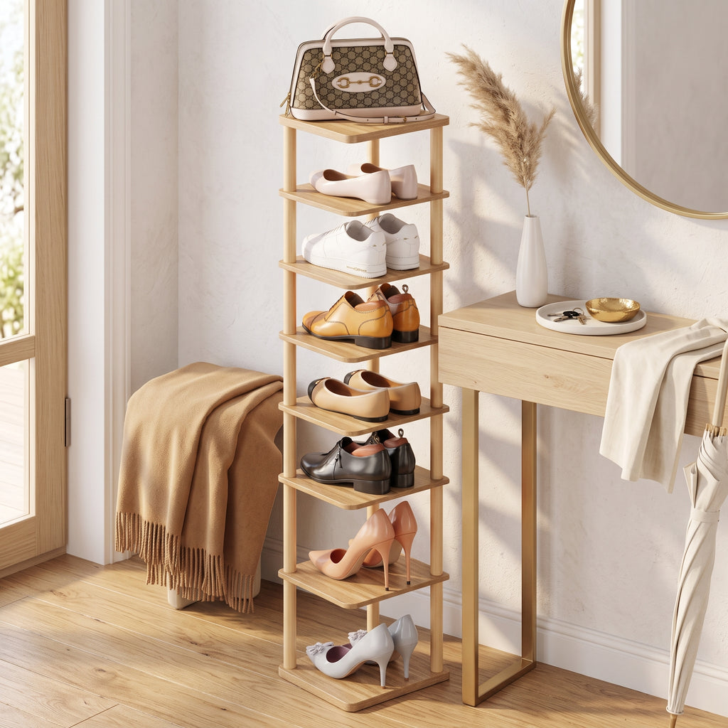 8-Tier Narrow Vertical Shoe Rack, Adjustable, Beech and MDF, Walnut