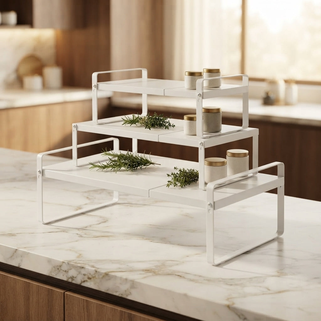 Expandable Metal Cabinet Shelf Risers, 14 to 25 in, White, 3-Pack