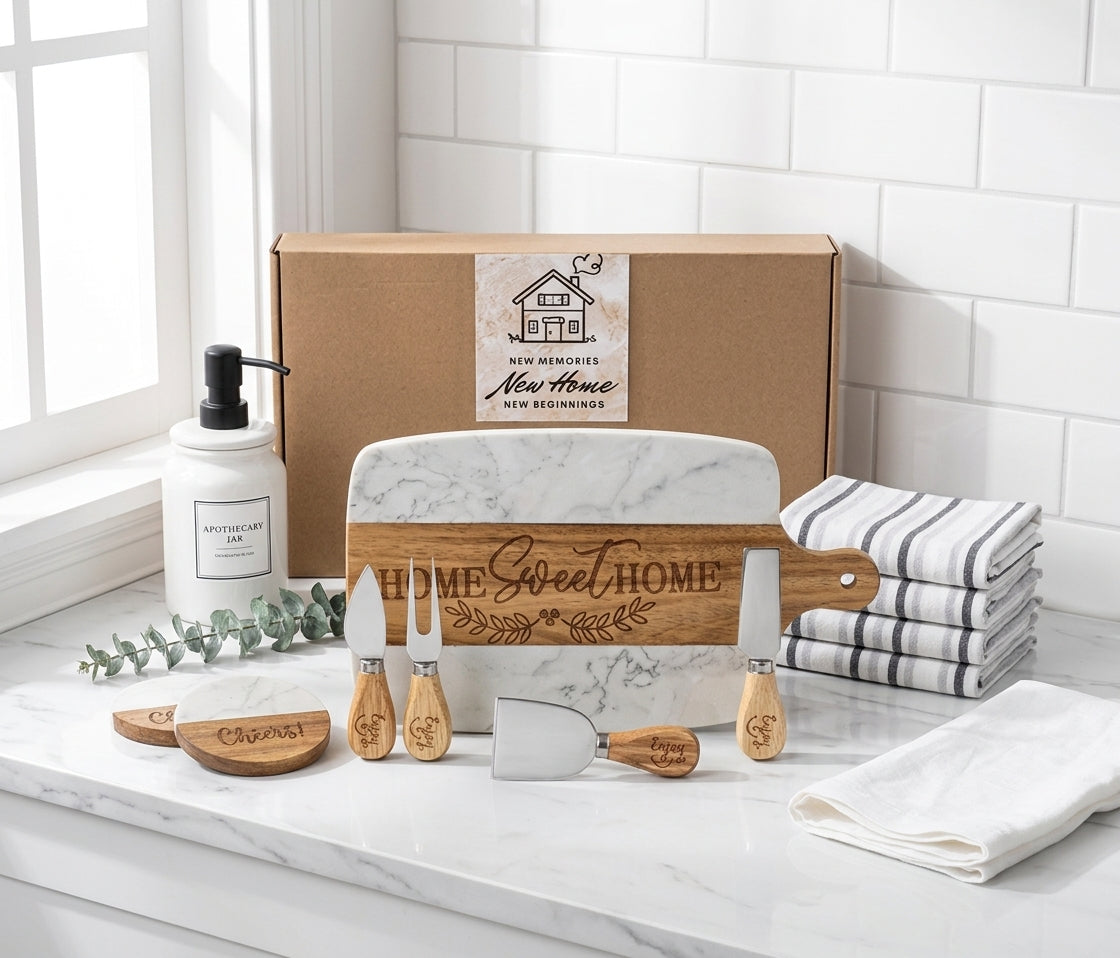 11-Piece Housewarming Gift Set, Marble and Acacia Board and Coasters