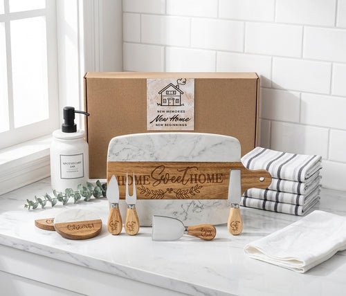 11-Piece Housewarming Gift Set, Marble and Acacia Board and Coasters