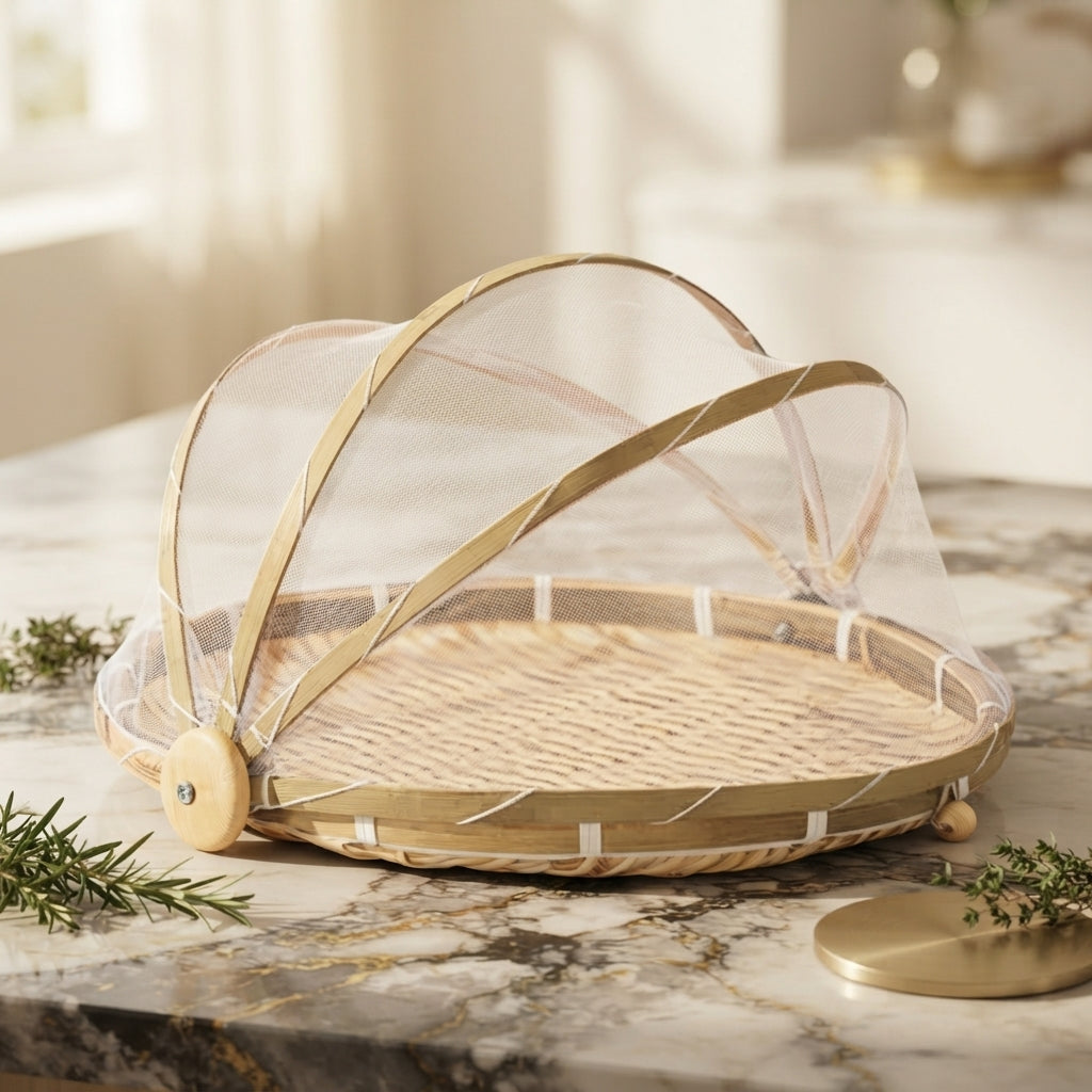 Round Bamboo Serving Basket with Mesh Food Cover