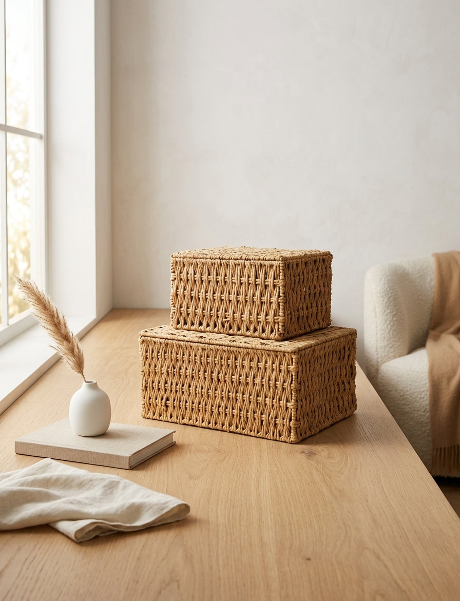 Woven Rope Storage Baskets with Lids, Stackable, Set of 2, Beige