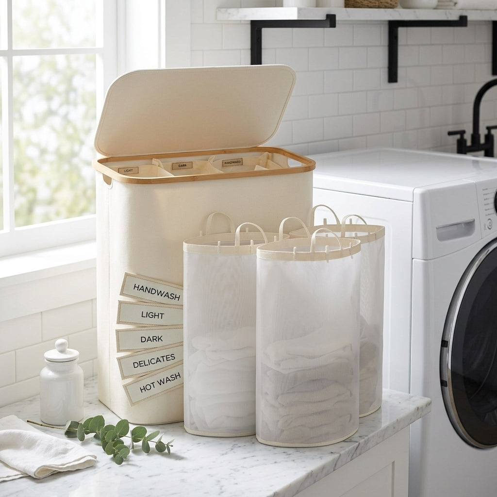 3-Section Laundry Hamper with Lid and Removable Bags, 160L, Beige