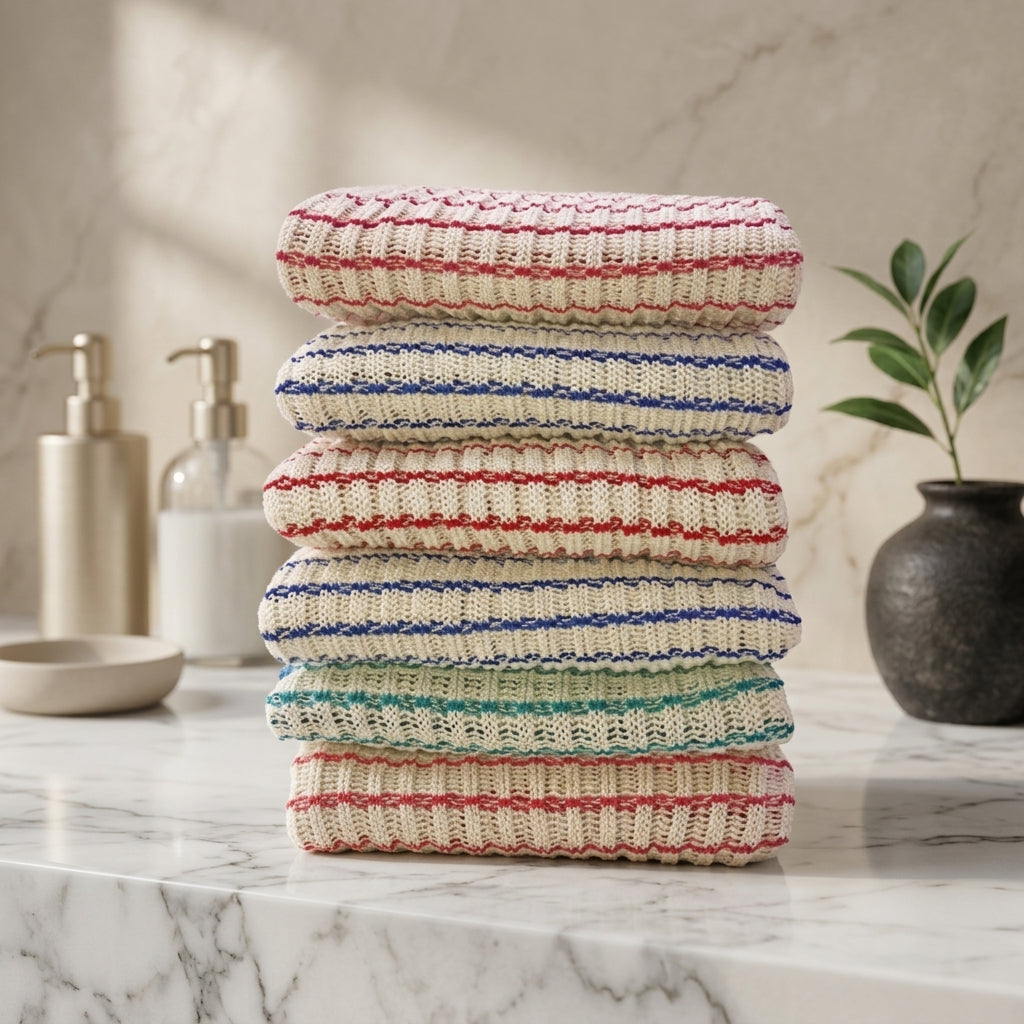 Textured Knit Dish Cloths with Colored Stripes, 6-Pack