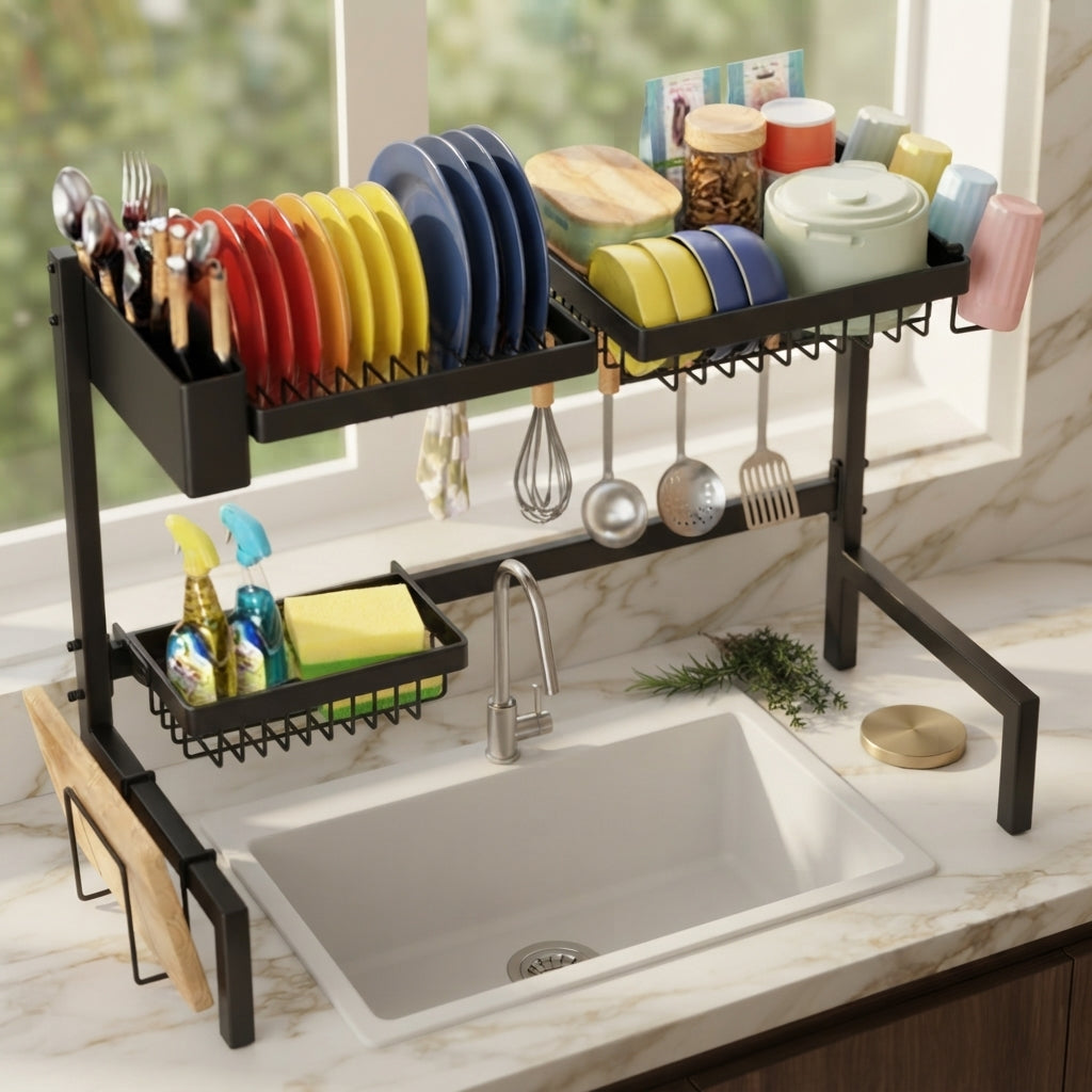 2-Tier Over-the-Sink Dish Drying Rack, Adjustable 24.8 to 35.4 in