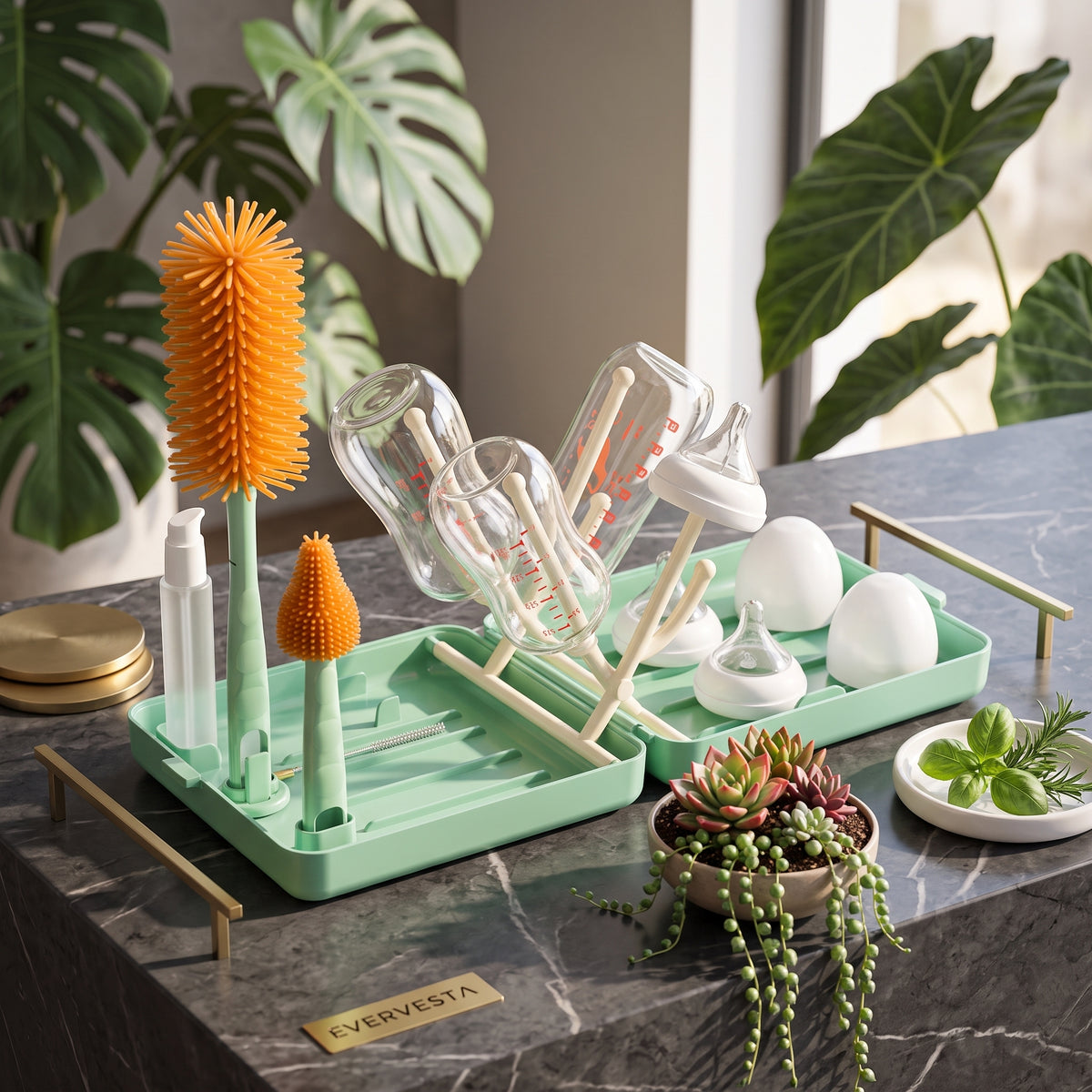 6-in-1 Baby Bottle Brush Kit with Drying Rack and Case, Green