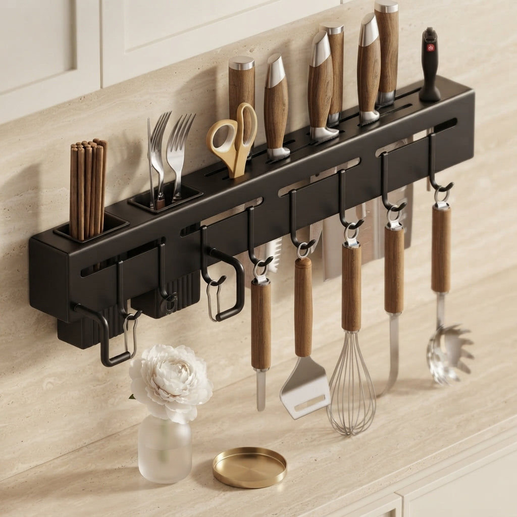 No-Drill Kitchen Wall Rack with Hooks, 30 to 60 cm