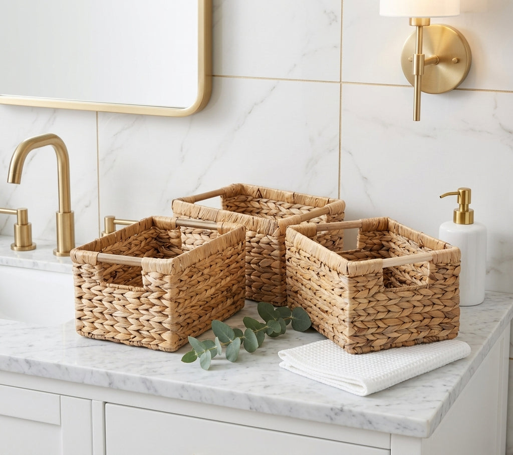 Water Hyacinth Wicker Baskets with Wood Handles, Medium, 3 Pack