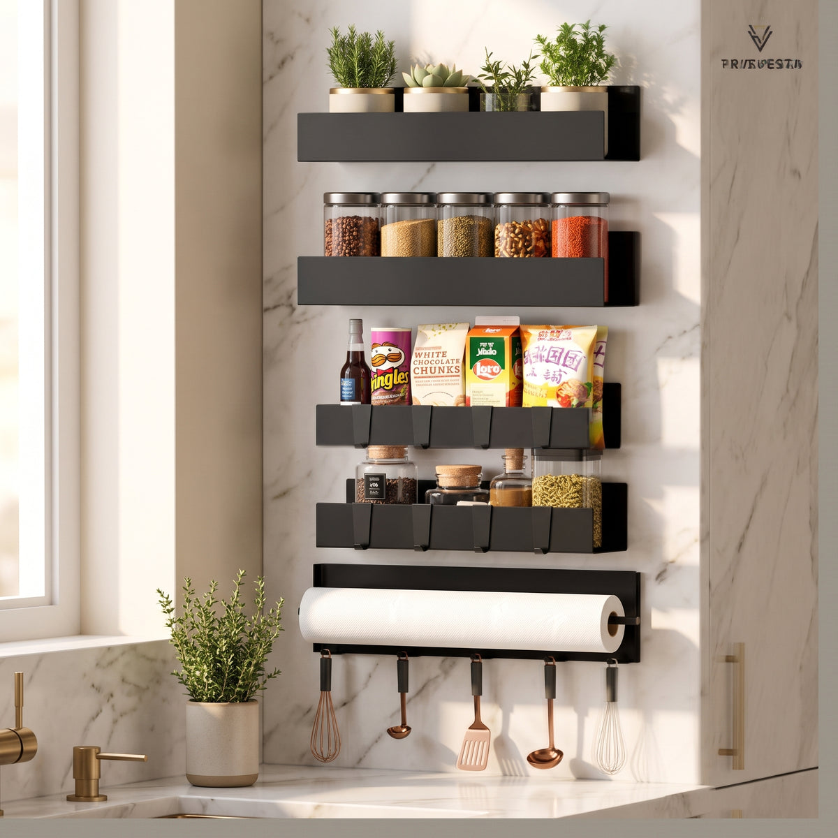 Magnetic Fridge Spice Rack Set with Paper Towel Holder, 5 Pieces
