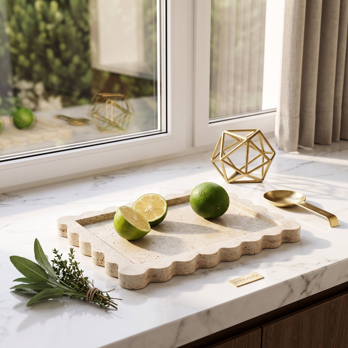 Scalloped Natural Travertine Vanity Tray, 10.8 x 8 in