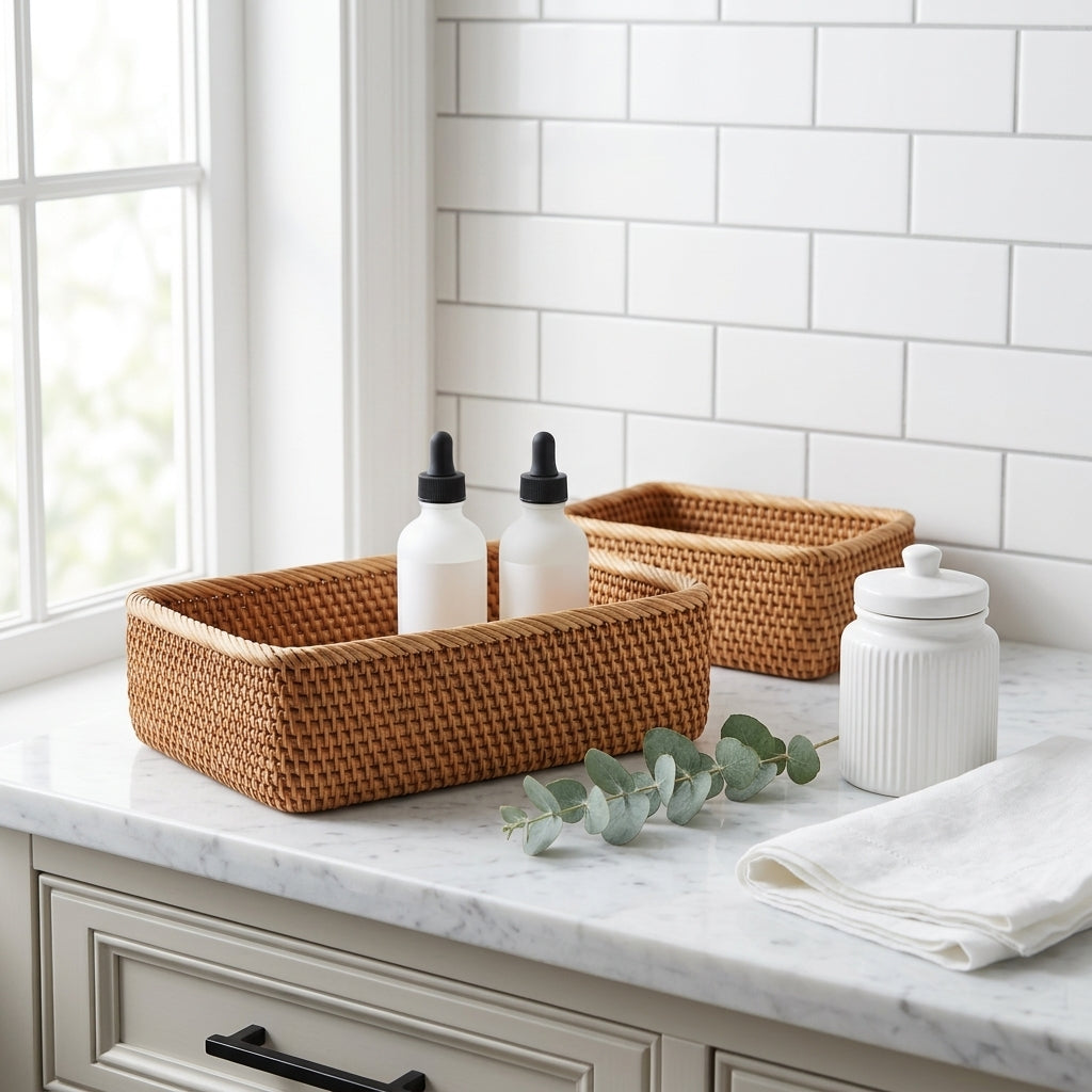 Hand-Woven Rectangular Rattan Basket Tray, 30 x 20 cm