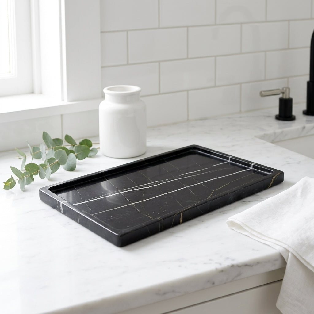 Natural Marble Vanity Tray, 12 x 8 in, Black