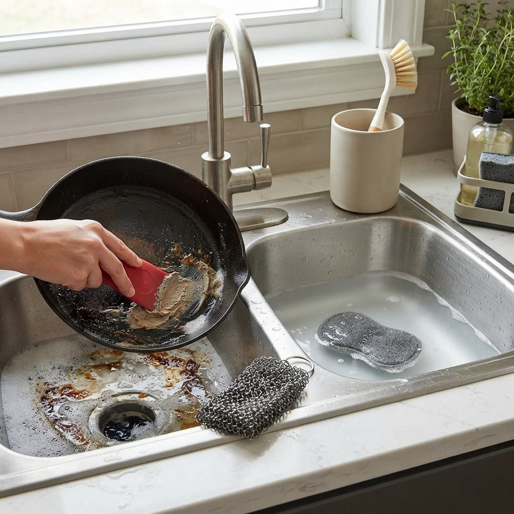 Cast Iron Cleaning Kit with Chainmail Scrubber and Handle Holder