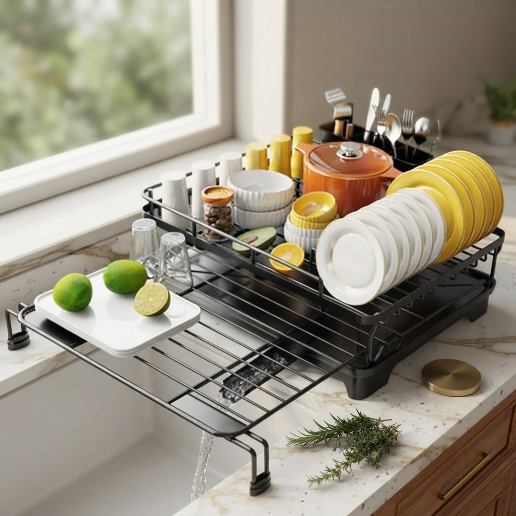 Extendable Over-the-Sink Dish Rack with Drip Tray and Utensil Holder, Black