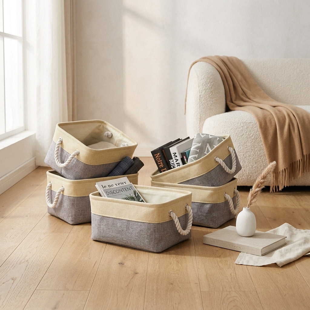 Collapsible Cotton Linen Storage Bin with Handles, 18L