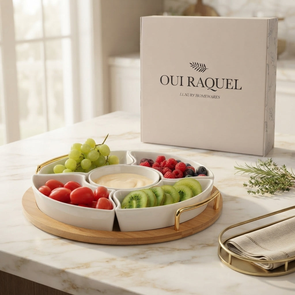 Rotating Chip and Dip Serving Set with 5 Lidded Ceramic Bowls