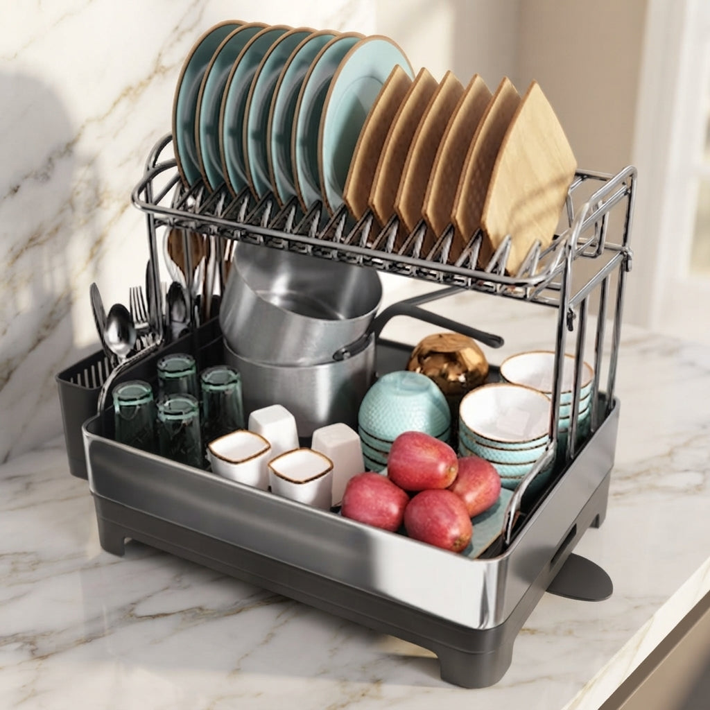 2-Tier Stainless Steel Dish Rack with Drainboard and Utensil Holder
