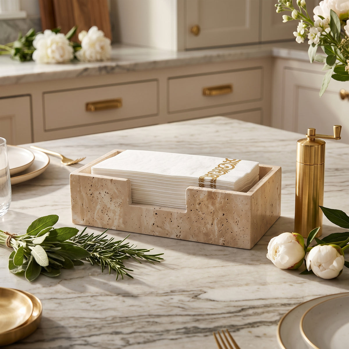 Natural Travertine Guest Towel and Napkin Holder, 9.8 x 4.9 in