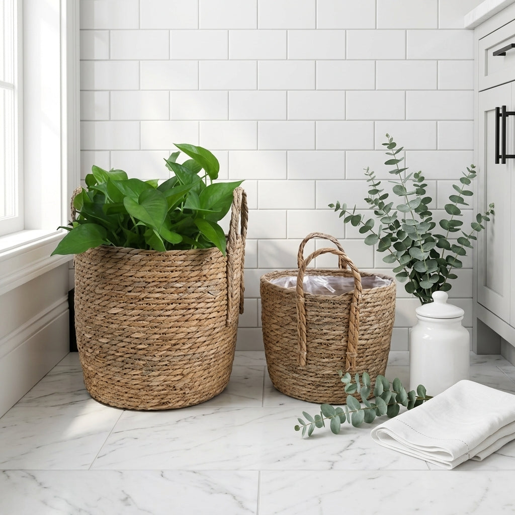 Bamboo and Seagrass Wicker Plant Basket, 30 x 27 cm