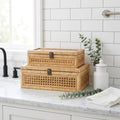 Rattan and Cane Stacking Boxes with Glass Lids, Set of 2