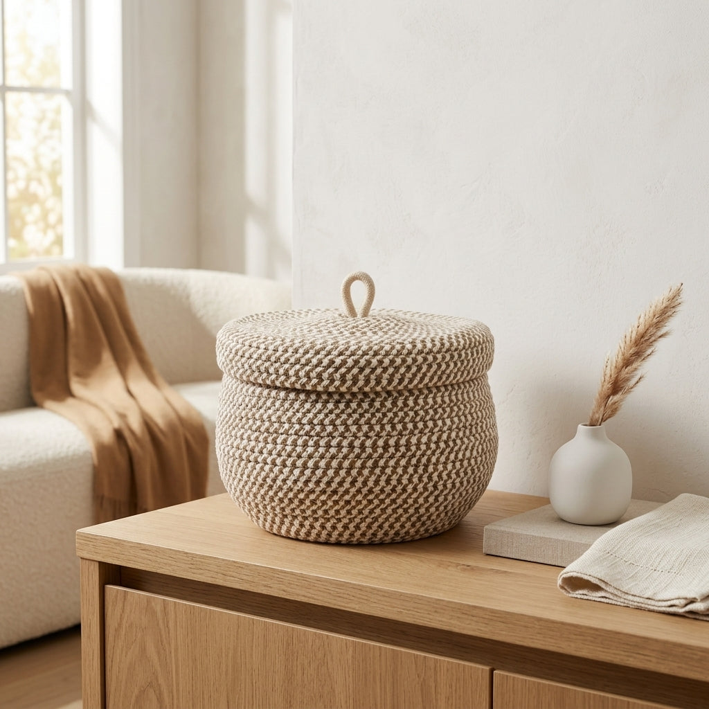 Round Cotton Rope Storage Basket with Handled Lid, 8.3 x 6.7 in