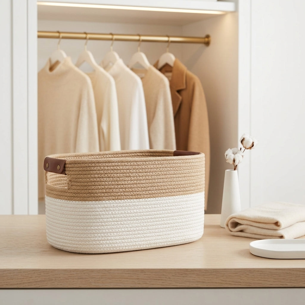 Collapsible Cotton Rope Storage Basket, 15 x 10 x 9 in, Beige