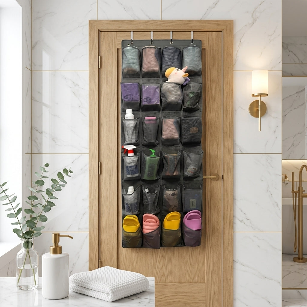 Over-the-Door Shoe Organizer with 24 Mesh Pockets, Black