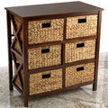 3-Tier X-Side Storage Cabinet with 6 Water Hyacinth Baskets, Walnut