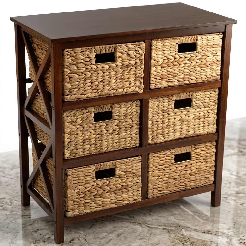 3-Tier X-Side Storage Cabinet with 6 Water Hyacinth Baskets, Walnut