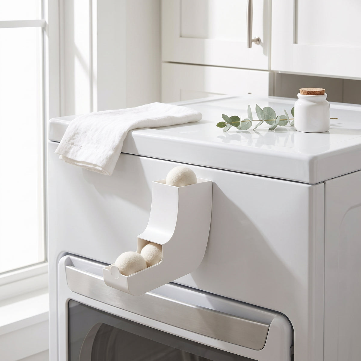 Magnetic Dryer Ball Holder with Curved Track, White