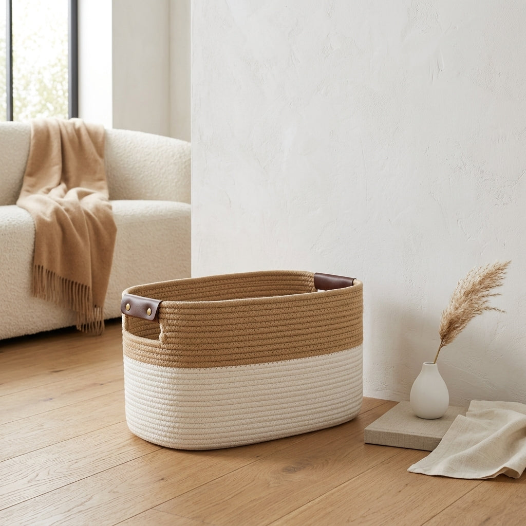 Collapsible Cotton Rope Storage Basket, 15 x 10 x 9 in, Beige