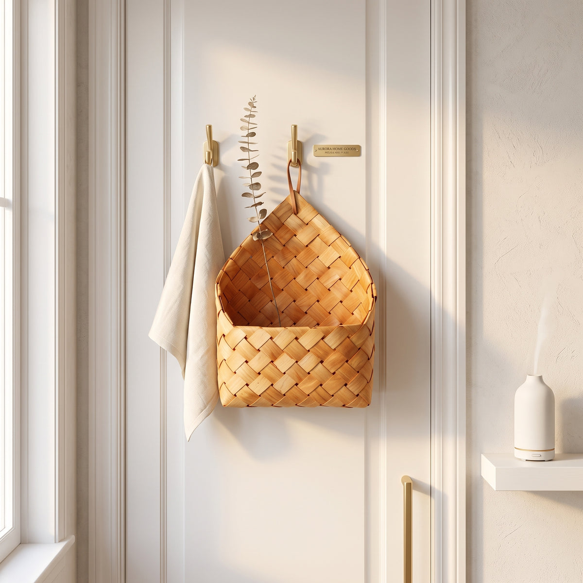 Hanging Woven Rattan Wall Basket with Leather Handle