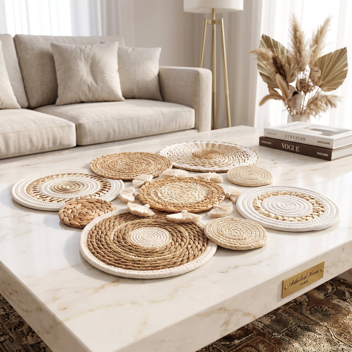 Boho Woven Wall Basket Decor Set, Rattan and Seagrass, 9 Pieces