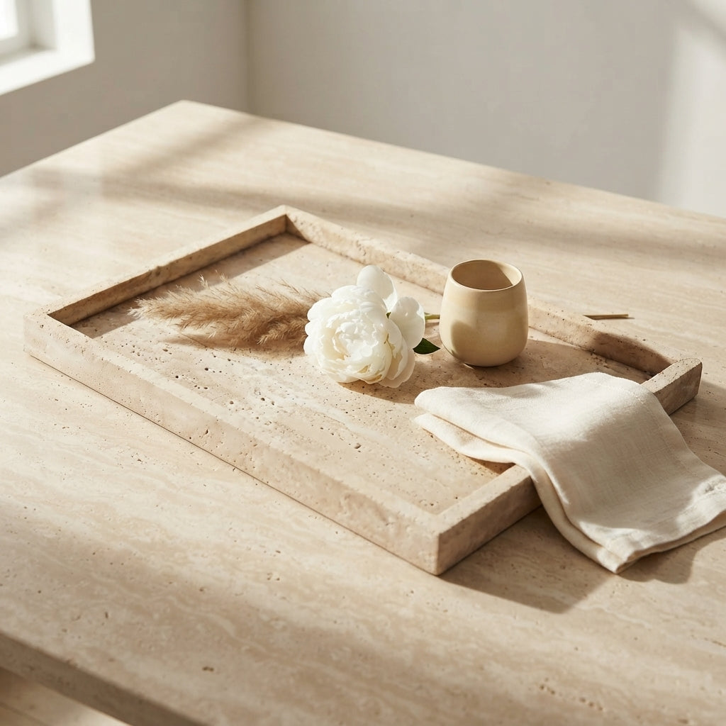 Large Italian Travertine Vanity Tray, 11.8 x 9.3 in, Beige