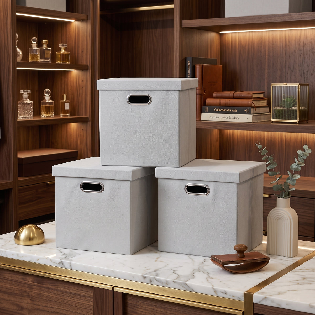 Linen Storage Bins with Lids and Metal Handles, 12 in Cube, 4 Pack