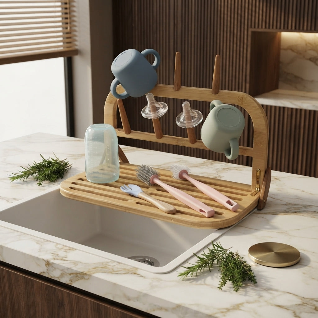 Foldable Bamboo Baby Bottle Drying Rack with Bottle Brush