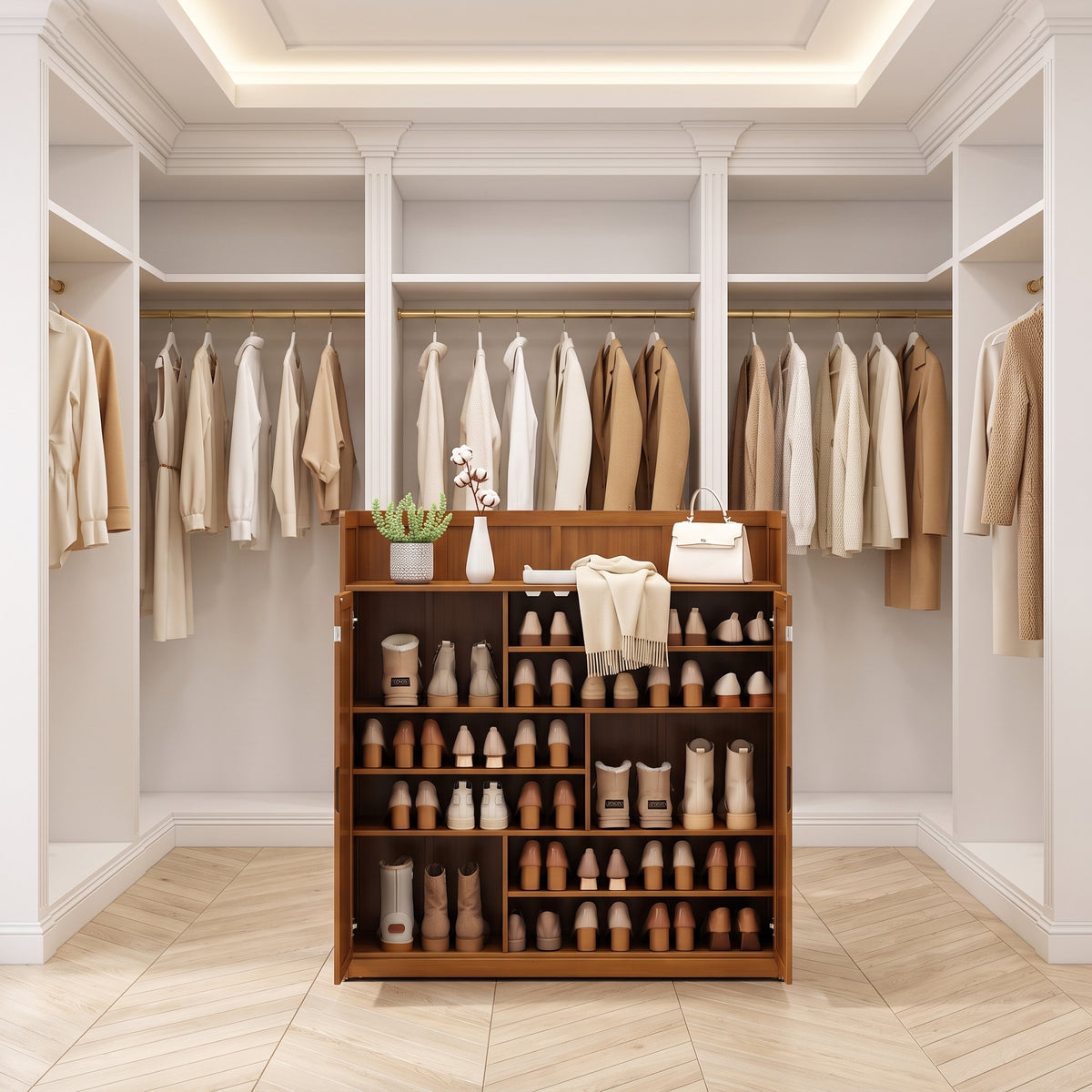 Bamboo and MDF Shoe Cabinet with Doors, Holds 24 Pairs, Brown