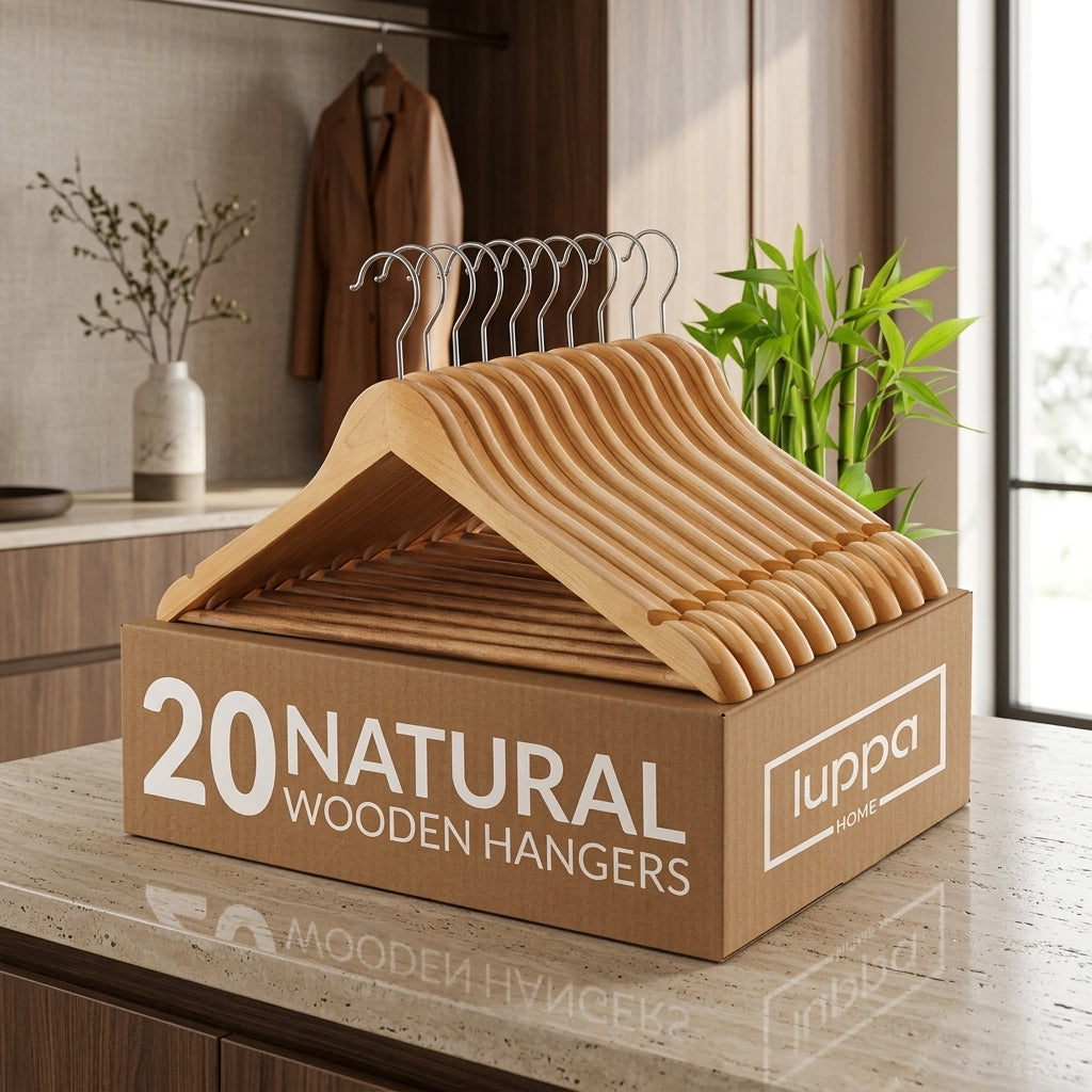 Slim Natural Wood Coat Hangers with Swivel Hook, 20 Pack