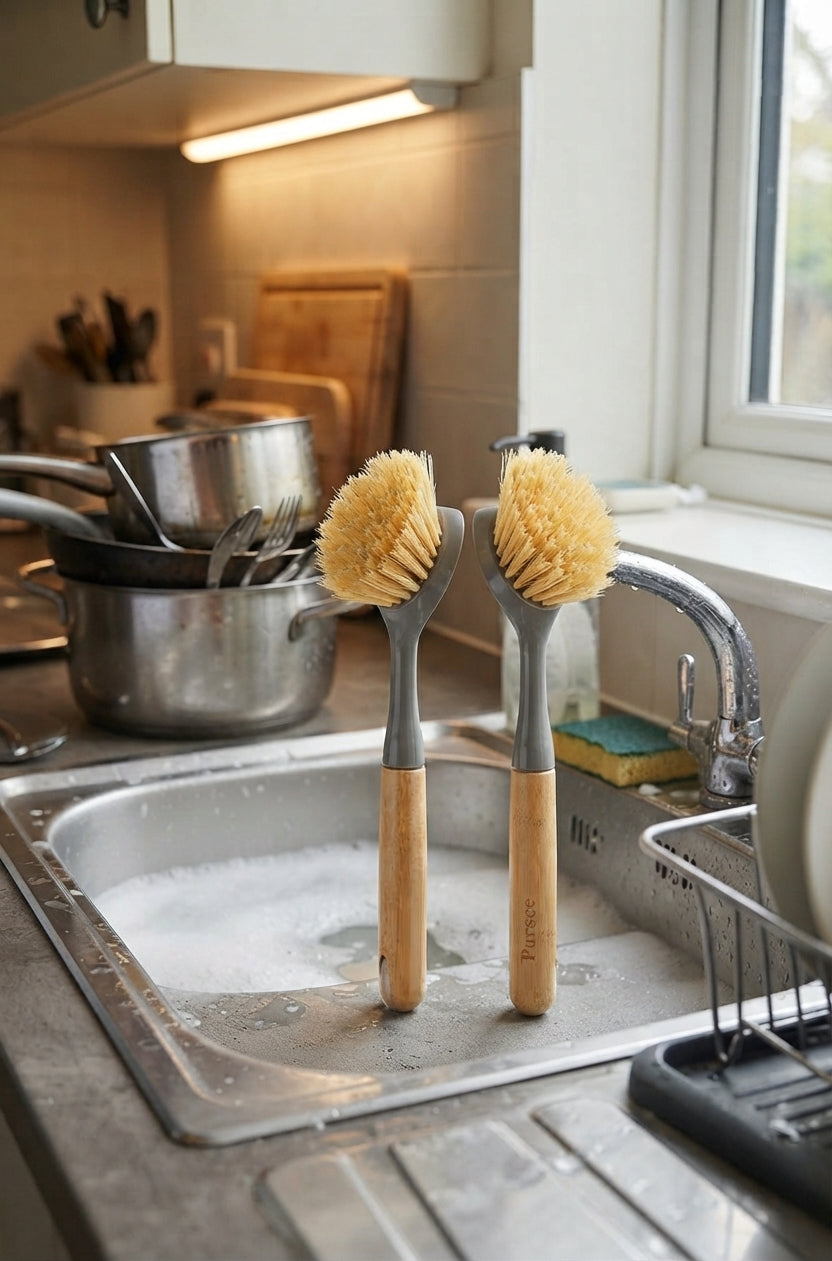 Bamboo Handle Dish Brushes with Built-In Scraper, 2-Pack, Gray