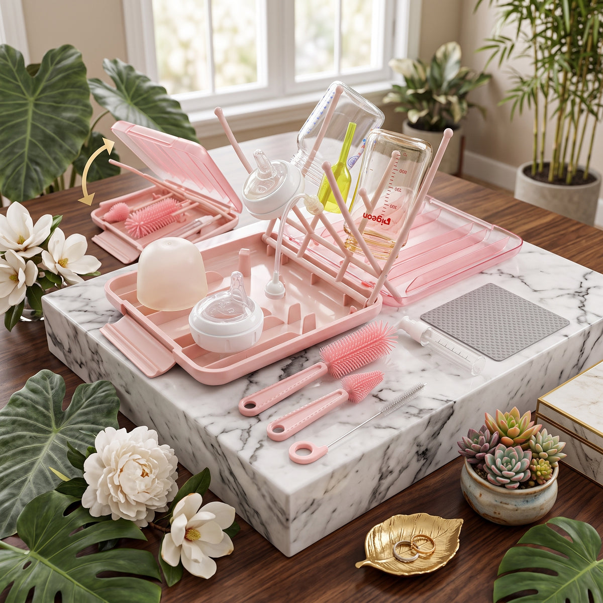 7-in-1 Travel Baby Bottle Cleaning Kit with Dishcloths, Pink